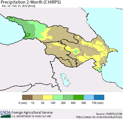Azerbaijan, Armenia and Georgia Precipitation 2-Month (CHIRPS) Thematic Map For 12/16/2021 - 2/15/2022