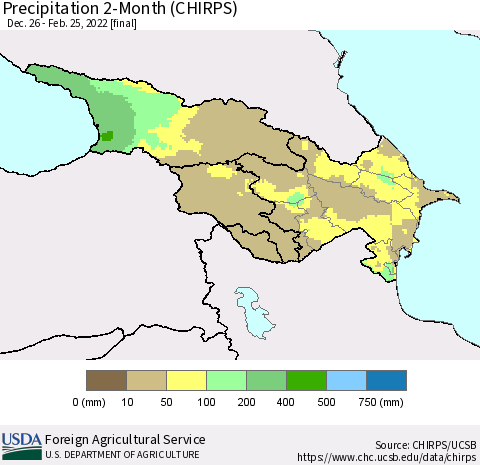 Azerbaijan, Armenia and Georgia Precipitation 2-Month (CHIRPS) Thematic Map For 12/26/2021 - 2/25/2022