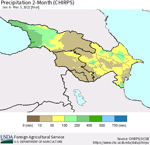 Azerbaijan, Armenia and Georgia Precipitation 2-Month (CHIRPS) Thematic Map For 1/6/2022 - 3/5/2022