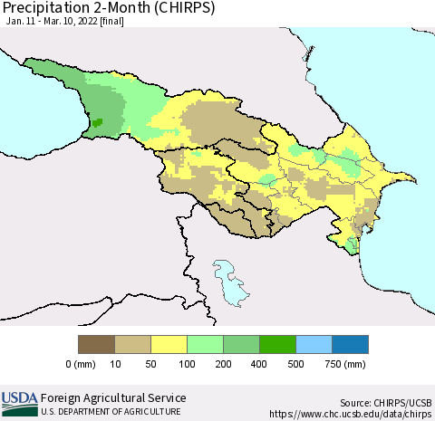 Azerbaijan, Armenia and Georgia Precipitation 2-Month (CHIRPS) Thematic Map For 1/11/2022 - 3/10/2022