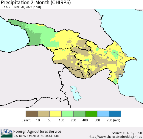 Azerbaijan, Armenia and Georgia Precipitation 2-Month (CHIRPS) Thematic Map For 1/21/2022 - 3/20/2022