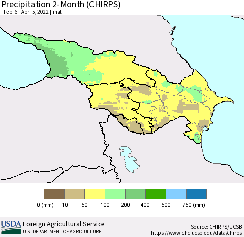 Azerbaijan, Armenia and Georgia Precipitation 2-Month (CHIRPS) Thematic Map For 2/6/2022 - 4/5/2022