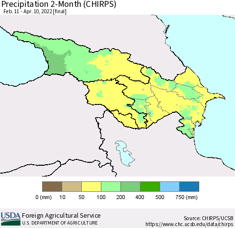 Azerbaijan, Armenia and Georgia Precipitation 2-Month (CHIRPS) Thematic Map For 2/11/2022 - 4/10/2022