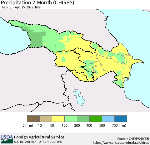 Azerbaijan, Armenia and Georgia Precipitation 2-Month (CHIRPS) Thematic Map For 2/16/2022 - 4/15/2022