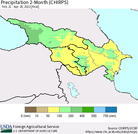 Azerbaijan, Armenia and Georgia Precipitation 2-Month (CHIRPS) Thematic Map For 2/21/2022 - 4/20/2022