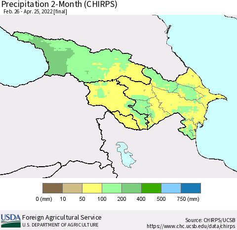 Azerbaijan, Armenia and Georgia Precipitation 2-Month (CHIRPS) Thematic Map For 2/26/2022 - 4/25/2022