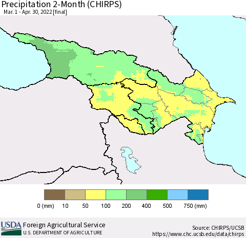 Azerbaijan, Armenia and Georgia Precipitation 2-Month (CHIRPS) Thematic Map For 3/1/2022 - 4/30/2022