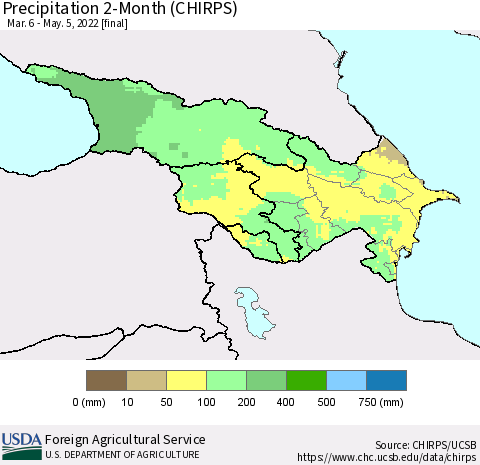 Azerbaijan, Armenia and Georgia Precipitation 2-Month (CHIRPS) Thematic Map For 3/6/2022 - 5/5/2022