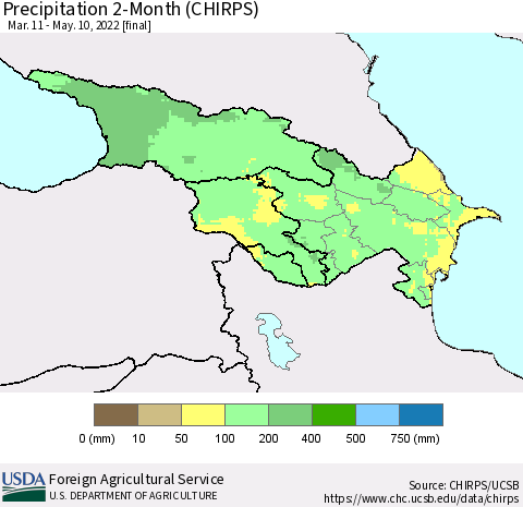 Azerbaijan, Armenia and Georgia Precipitation 2-Month (CHIRPS) Thematic Map For 3/11/2022 - 5/10/2022