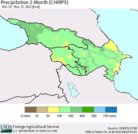 Azerbaijan, Armenia and Georgia Precipitation 2-Month (CHIRPS) Thematic Map For 3/16/2022 - 5/15/2022