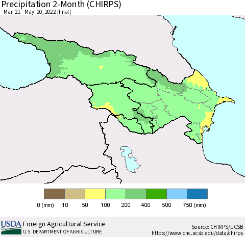 Azerbaijan, Armenia and Georgia Precipitation 2-Month (CHIRPS) Thematic Map For 3/21/2022 - 5/20/2022