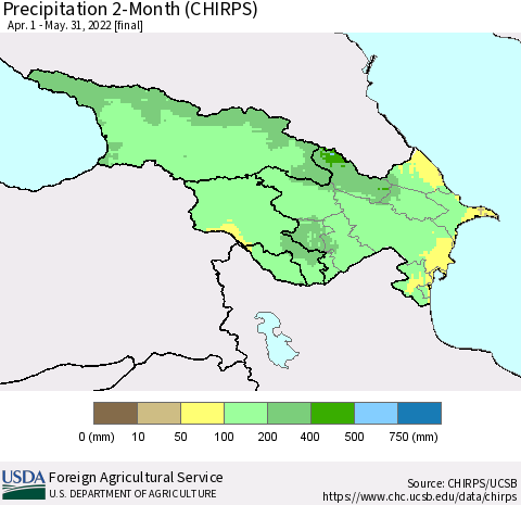 Azerbaijan, Armenia and Georgia Precipitation 2-Month (CHIRPS) Thematic Map For 4/1/2022 - 5/31/2022