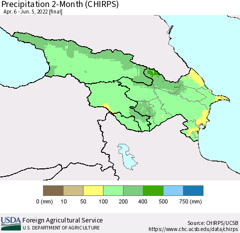 Azerbaijan, Armenia and Georgia Precipitation 2-Month (CHIRPS) Thematic Map For 4/6/2022 - 6/5/2022