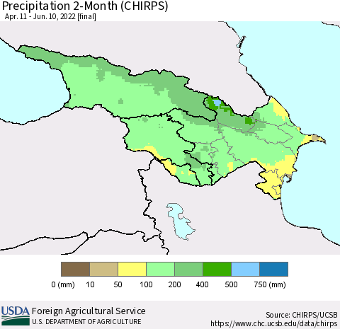 Azerbaijan, Armenia and Georgia Precipitation 2-Month (CHIRPS) Thematic Map For 4/11/2022 - 6/10/2022
