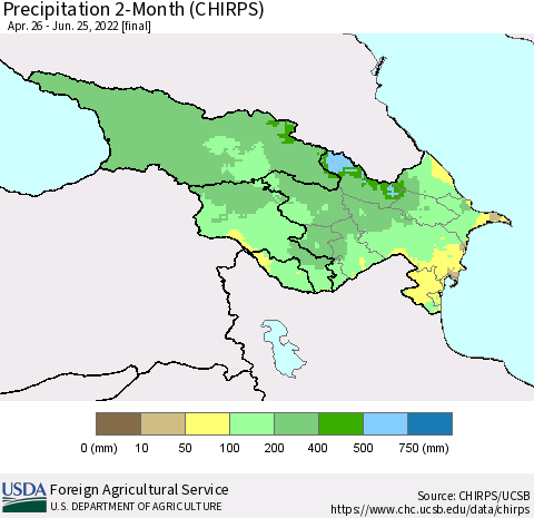 Azerbaijan, Armenia and Georgia Precipitation 2-Month (CHIRPS) Thematic Map For 4/26/2022 - 6/25/2022