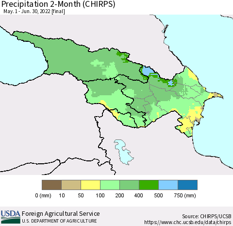 Azerbaijan, Armenia and Georgia Precipitation 2-Month (CHIRPS) Thematic Map For 5/1/2022 - 6/30/2022