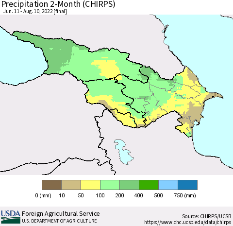 Azerbaijan, Armenia and Georgia Precipitation 2-Month (CHIRPS) Thematic Map For 6/11/2022 - 8/10/2022