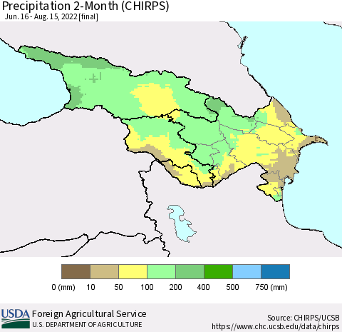 Azerbaijan, Armenia and Georgia Precipitation 2-Month (CHIRPS) Thematic Map For 6/16/2022 - 8/15/2022