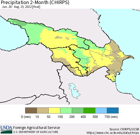 Azerbaijan, Armenia and Georgia Precipitation 2-Month (CHIRPS) Thematic Map For 6/26/2022 - 8/25/2022