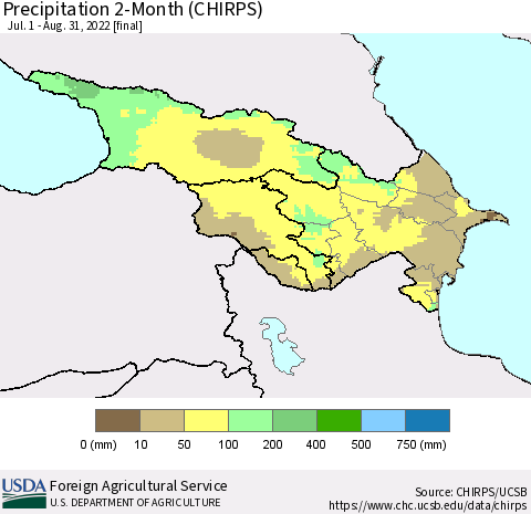 Azerbaijan, Armenia and Georgia Precipitation 2-Month (CHIRPS) Thematic Map For 7/1/2022 - 8/31/2022