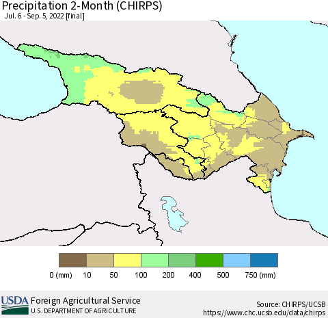 Azerbaijan, Armenia and Georgia Precipitation 2-Month (CHIRPS) Thematic Map For 7/6/2022 - 9/5/2022