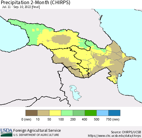Azerbaijan, Armenia and Georgia Precipitation 2-Month (CHIRPS) Thematic Map For 7/11/2022 - 9/10/2022