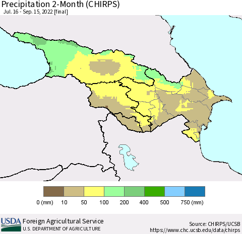 Azerbaijan, Armenia and Georgia Precipitation 2-Month (CHIRPS) Thematic Map For 7/16/2022 - 9/15/2022