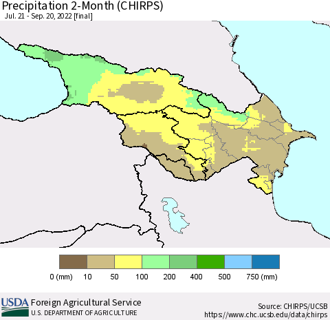 Azerbaijan, Armenia and Georgia Precipitation 2-Month (CHIRPS) Thematic Map For 7/21/2022 - 9/20/2022