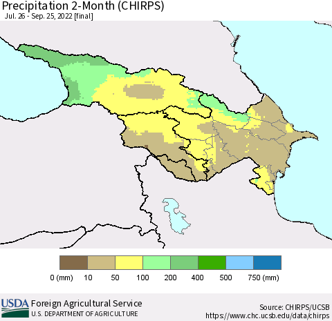 Azerbaijan, Armenia and Georgia Precipitation 2-Month (CHIRPS) Thematic Map For 7/26/2022 - 9/25/2022