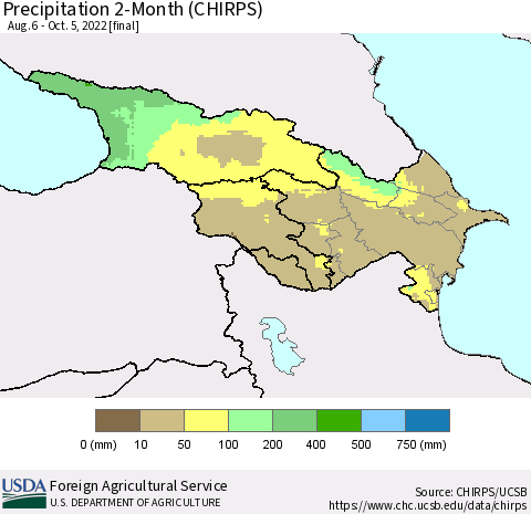 Azerbaijan, Armenia and Georgia Precipitation 2-Month (CHIRPS) Thematic Map For 8/6/2022 - 10/5/2022