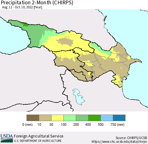 Azerbaijan, Armenia and Georgia Precipitation 2-Month (CHIRPS) Thematic Map For 8/11/2022 - 10/10/2022