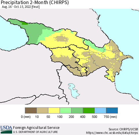 Azerbaijan, Armenia and Georgia Precipitation 2-Month (CHIRPS) Thematic Map For 8/16/2022 - 10/15/2022