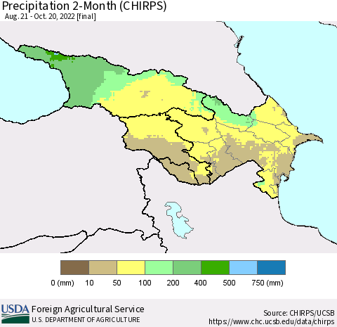 Azerbaijan, Armenia and Georgia Precipitation 2-Month (CHIRPS) Thematic Map For 8/21/2022 - 10/20/2022