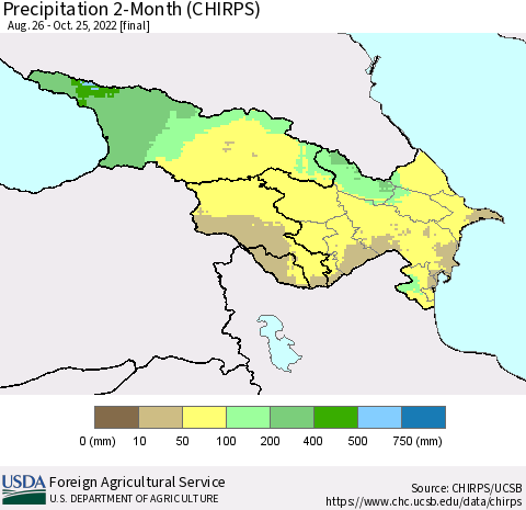 Azerbaijan, Armenia and Georgia Precipitation 2-Month (CHIRPS) Thematic Map For 8/26/2022 - 10/25/2022