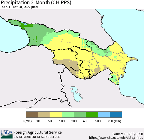 Azerbaijan, Armenia and Georgia Precipitation 2-Month (CHIRPS) Thematic Map For 9/1/2022 - 10/31/2022