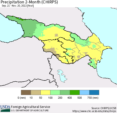 Azerbaijan, Armenia and Georgia Precipitation 2-Month (CHIRPS) Thematic Map For 9/21/2022 - 11/20/2022