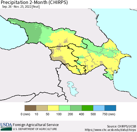 Azerbaijan, Armenia and Georgia Precipitation 2-Month (CHIRPS) Thematic Map For 9/26/2022 - 11/25/2022