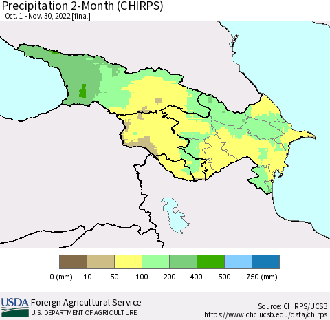 Azerbaijan, Armenia and Georgia Precipitation 2-Month (CHIRPS) Thematic Map For 10/1/2022 - 11/30/2022