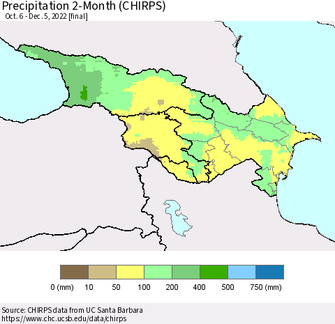 Azerbaijan, Armenia and Georgia Precipitation 2-Month (CHIRPS) Thematic Map For 10/6/2022 - 12/5/2022