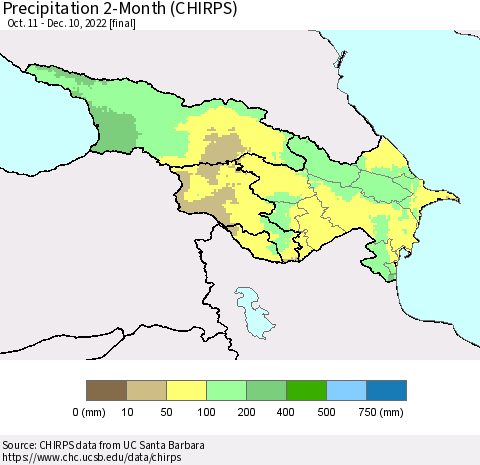Azerbaijan, Armenia and Georgia Precipitation 2-Month (CHIRPS) Thematic Map For 10/11/2022 - 12/10/2022