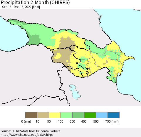 Azerbaijan, Armenia and Georgia Precipitation 2-Month (CHIRPS) Thematic Map For 10/16/2022 - 12/15/2022