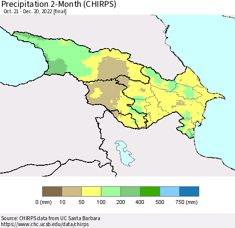 Azerbaijan, Armenia and Georgia Precipitation 2-Month (CHIRPS) Thematic Map For 10/21/2022 - 12/20/2022