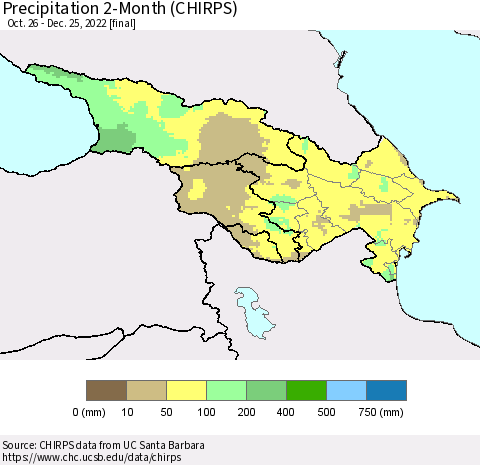 Azerbaijan, Armenia and Georgia Precipitation 2-Month (CHIRPS) Thematic Map For 10/26/2022 - 12/25/2022