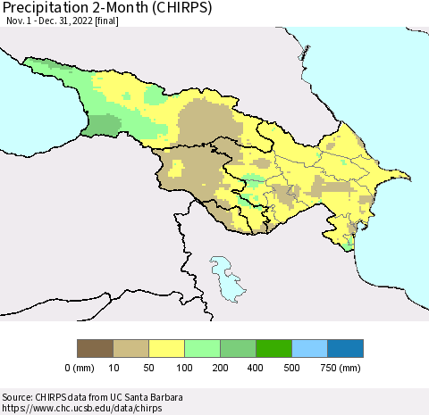 Azerbaijan, Armenia and Georgia Precipitation 2-Month (CHIRPS) Thematic Map For 11/1/2022 - 12/31/2022