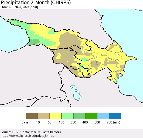 Azerbaijan, Armenia and Georgia Precipitation 2-Month (CHIRPS) Thematic Map For 11/6/2022 - 1/5/2023