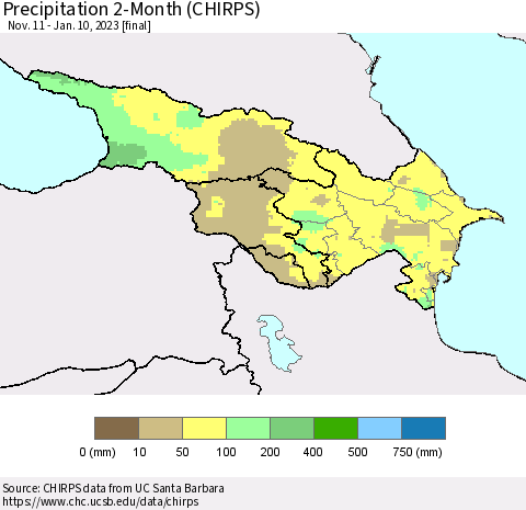 Azerbaijan, Armenia and Georgia Precipitation 2-Month (CHIRPS) Thematic Map For 11/11/2022 - 1/10/2023