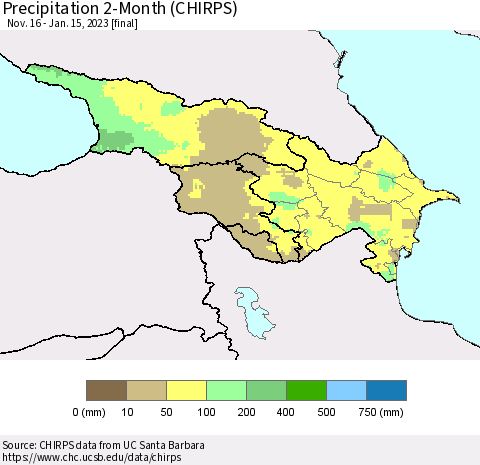 Azerbaijan, Armenia and Georgia Precipitation 2-Month (CHIRPS) Thematic Map For 11/16/2022 - 1/15/2023