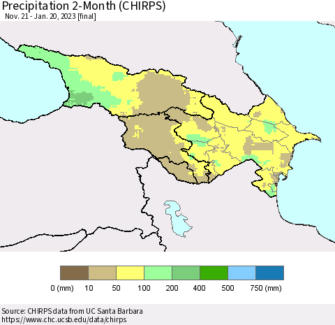 Azerbaijan, Armenia and Georgia Precipitation 2-Month (CHIRPS) Thematic Map For 11/21/2022 - 1/20/2023