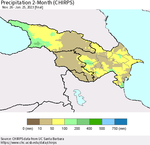 Azerbaijan, Armenia and Georgia Precipitation 2-Month (CHIRPS) Thematic Map For 11/26/2022 - 1/25/2023