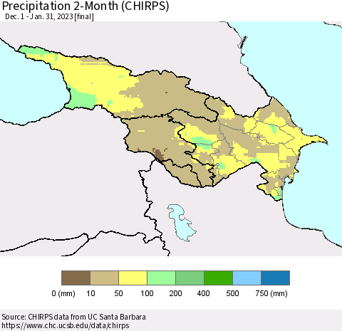 Azerbaijan, Armenia and Georgia Precipitation 2-Month (CHIRPS) Thematic Map For 12/1/2022 - 1/31/2023